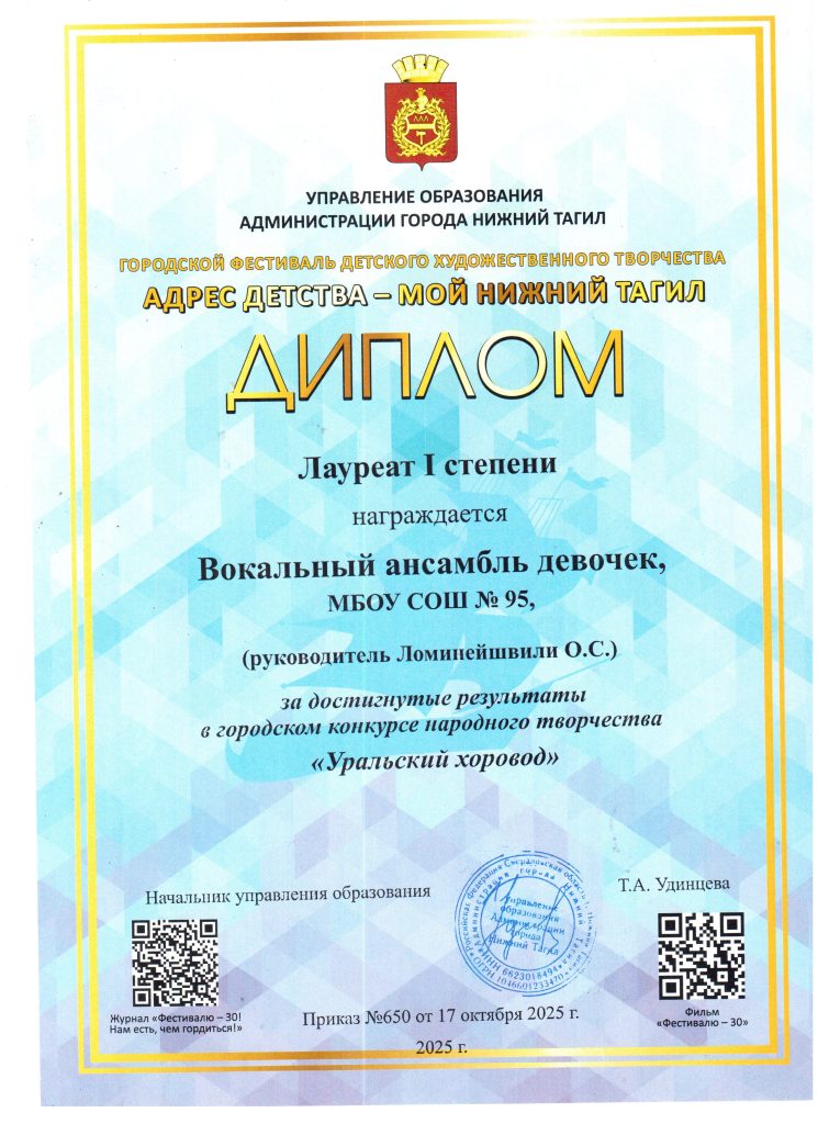 На изображении благодарность от администрации города Нижний Тагил. Указан адрес фестиваля, имя получателя, учреждение и достижения. Присутствует логотип и печать.