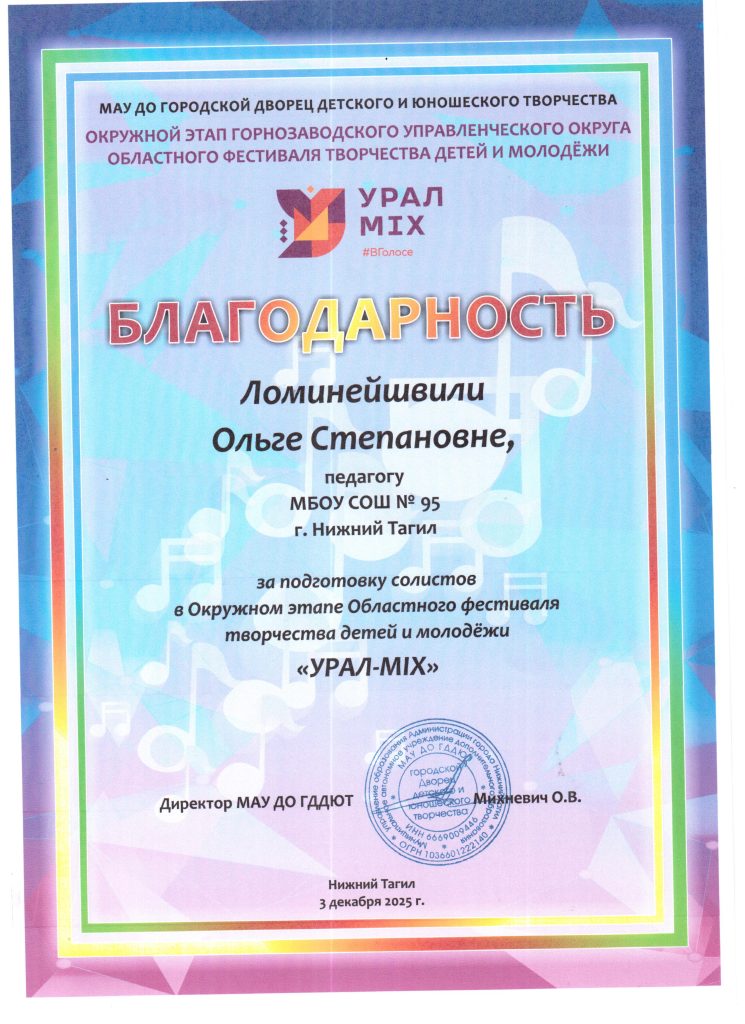 Благодарность от МАУ Городской Дворец детского и юношеского творчества за подготовку солистов на фестивале «УРАЛ-MIX». Указаны имя, отчество и фамилия педагога.