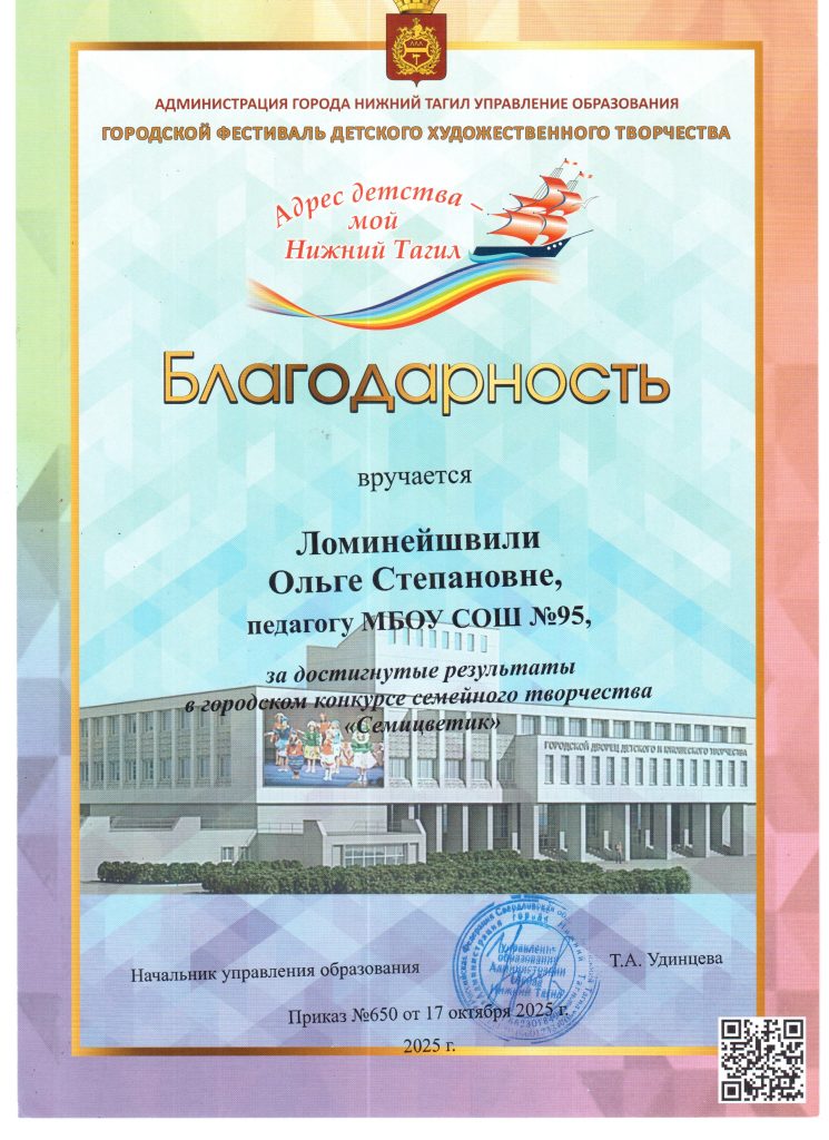 На изображении благодарность от администрации города Нижний Тагил. Указан адрес фестиваля, имя получателя, учреждение и достижения. Присутствует логотип и печать.